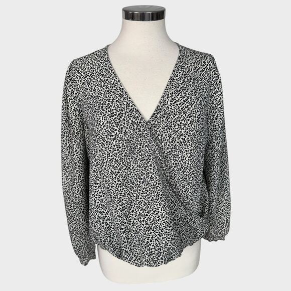 a new day Tops - A New Day Womens Medium V Neck Wrap Blouse Top Black White Print Polyester
